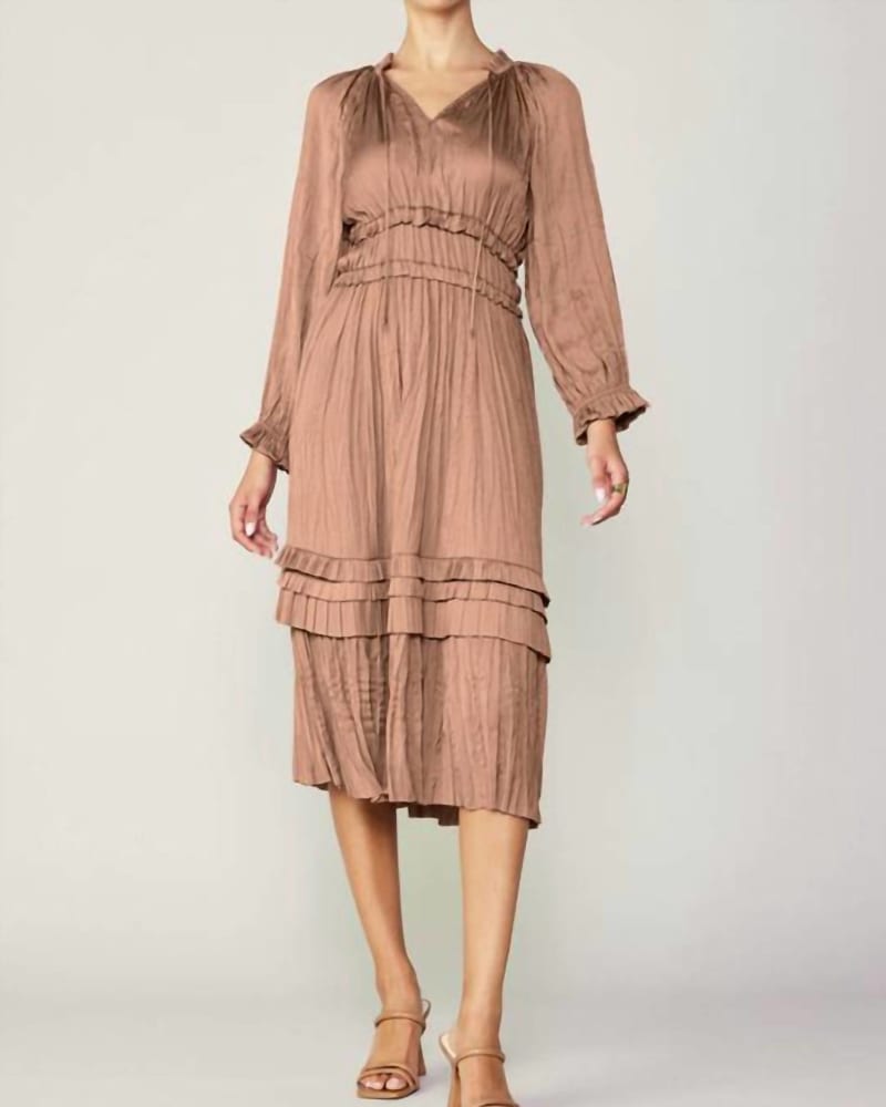 Front of a model wearing a size L Long Sleeve Split Neck Long Dress In Dusty Clay in Dusty Clay by current air. | dia_product_style_image_id:359407